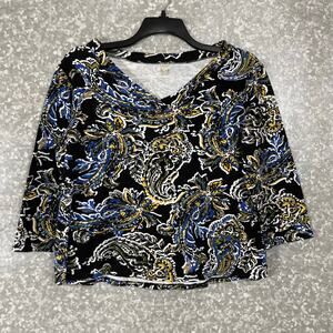 Anne Klein Sport Women's Black Paisley Relaxed Fit Top - Size Large - 3/4 Sleeve